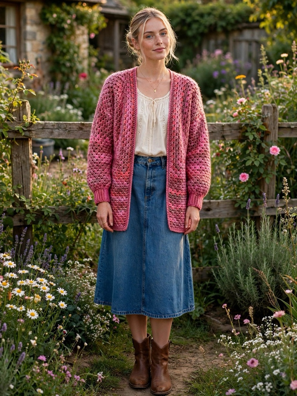 Handmade Pink Crochet Cardigan Granny Stitch Open Front Variegated Knit S/M